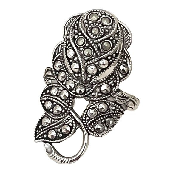 Vintage Clark and Coombs Ring Size 5 Rose Floral Marcasite Art Deco Design 14W - Picture 1 of 5